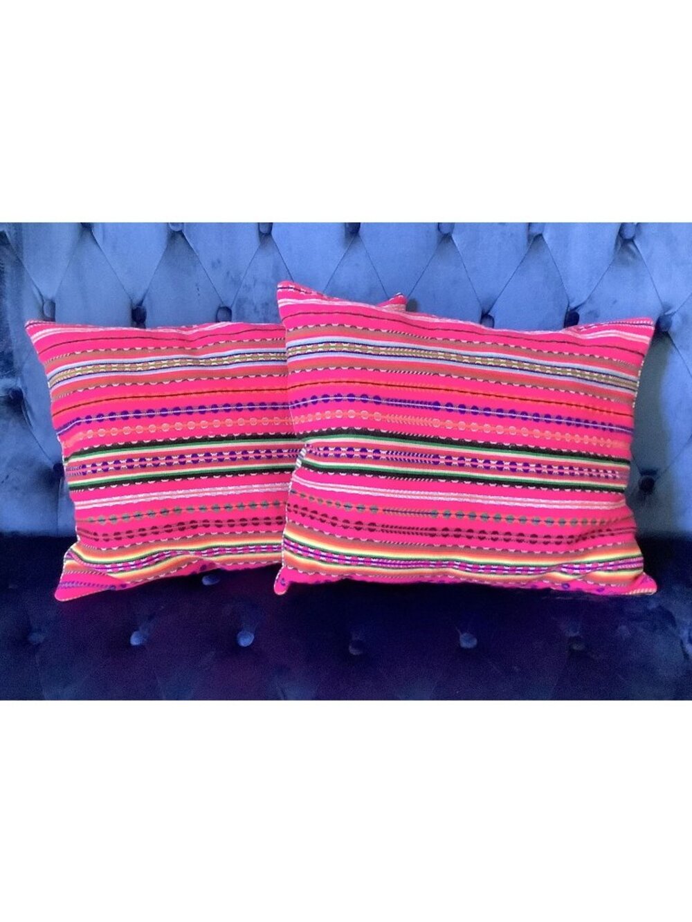 Pair Vintage Peruvian Hand Woven Ethnic Decorative Bohemian Vibrant Pillows